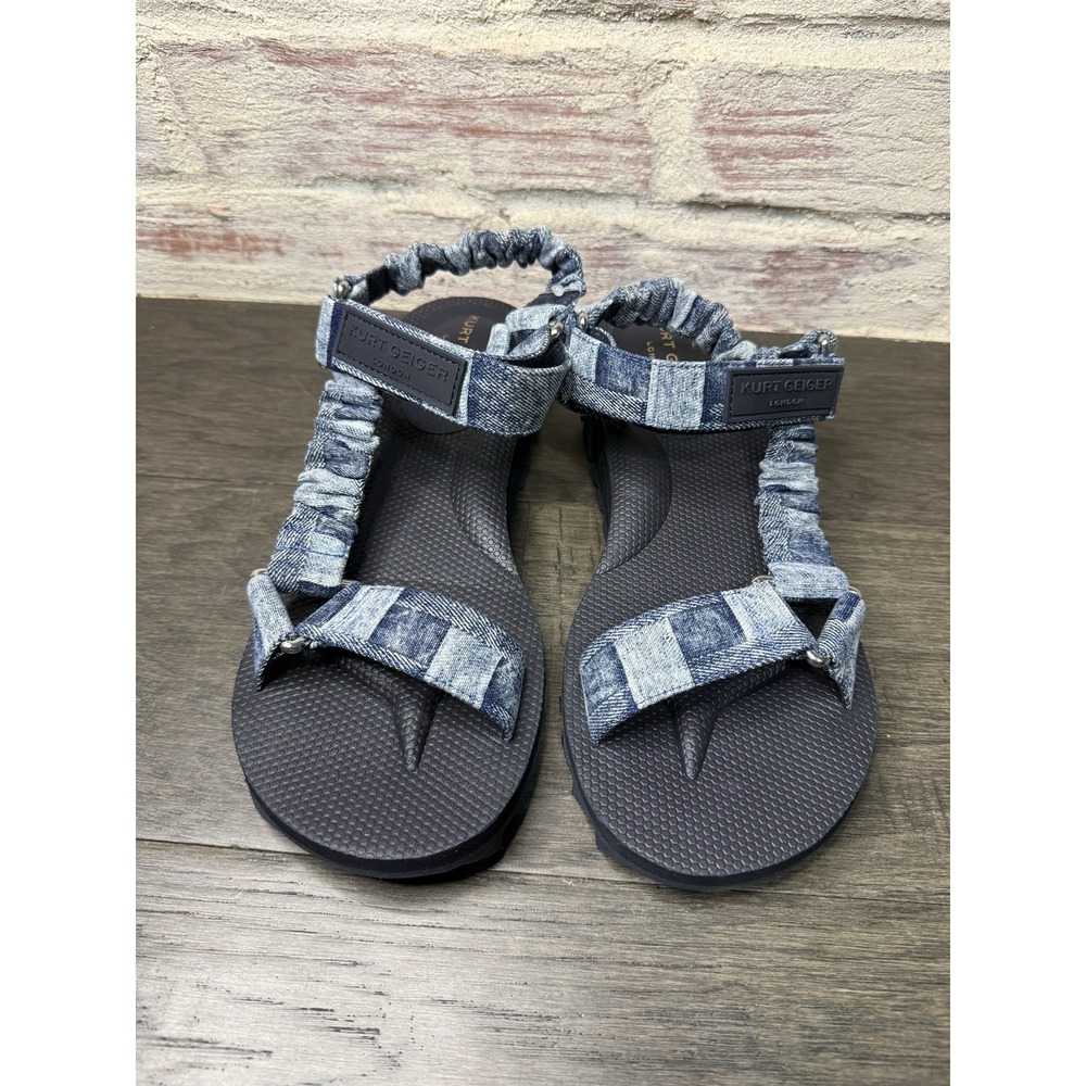 Kurt Geiger London Women's Orson Denim Patchwork Slingback Low Wedge Sandals 9.5